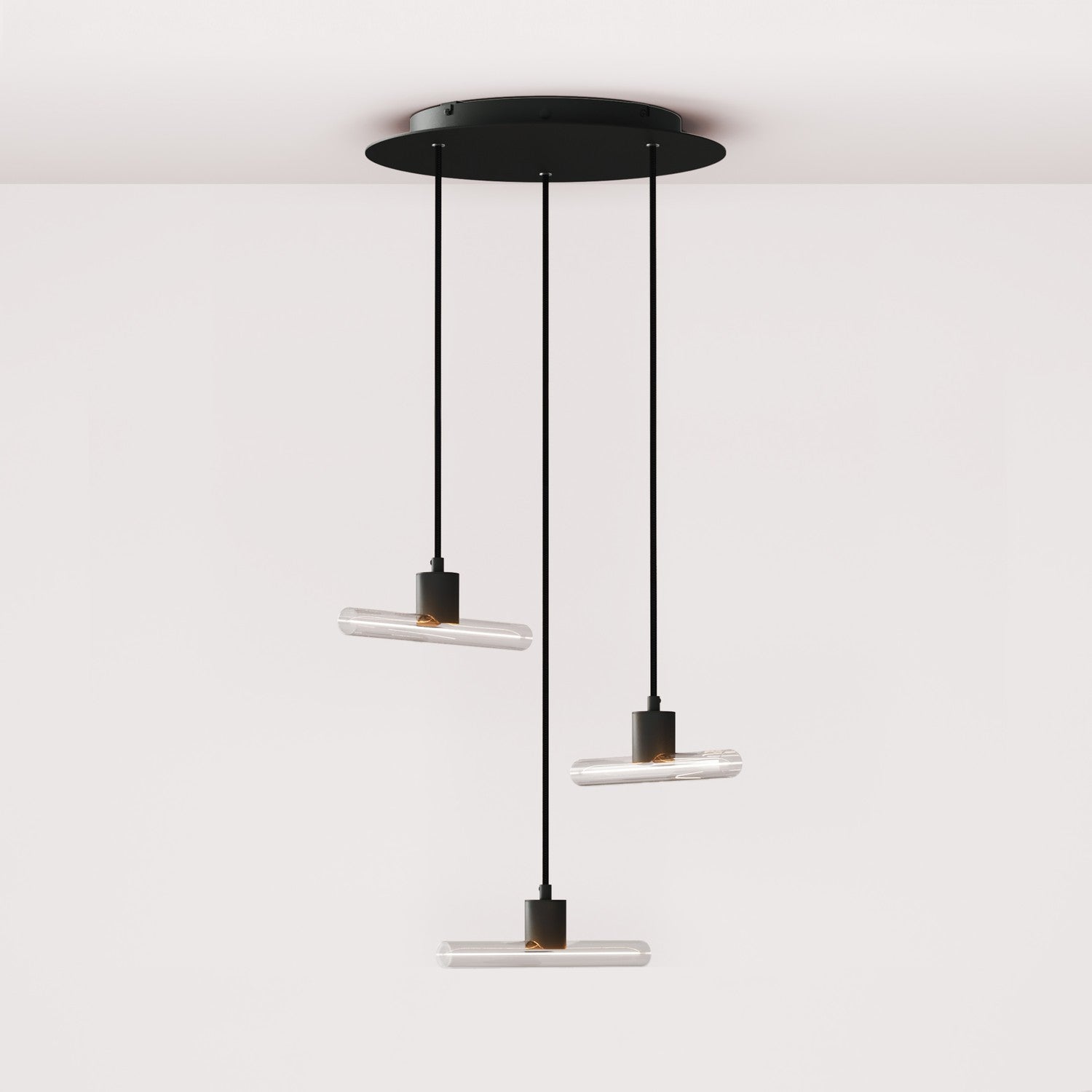 Esse14 3-Drop Asymmetrical Pendant Light with Rose-One, complete with fabric cord and metal finishes - Black