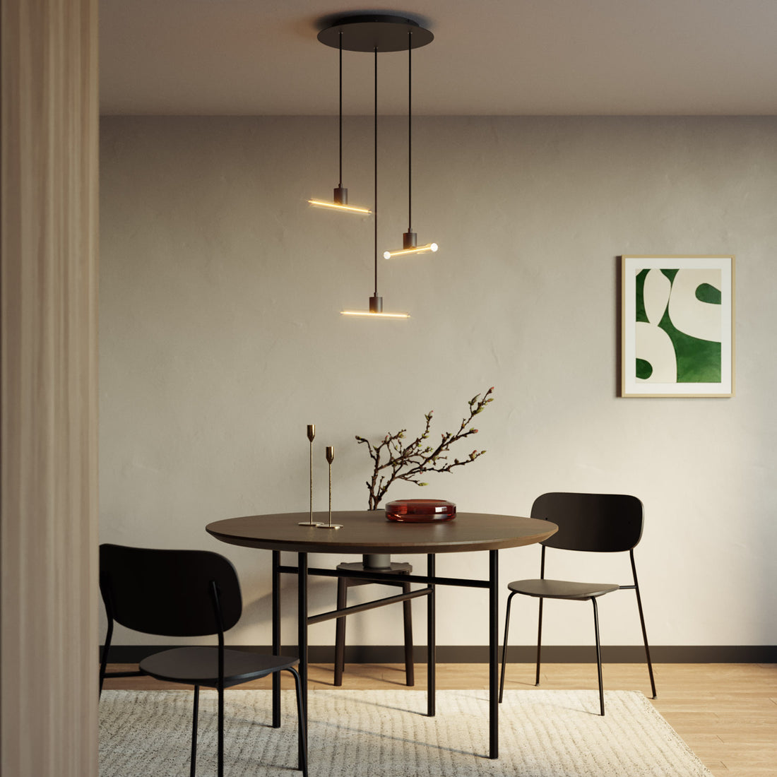 Esse14 3-Drop Asymmetrical Pendant Light with Rose-One, complete with fabric cord and metal finishes - Black