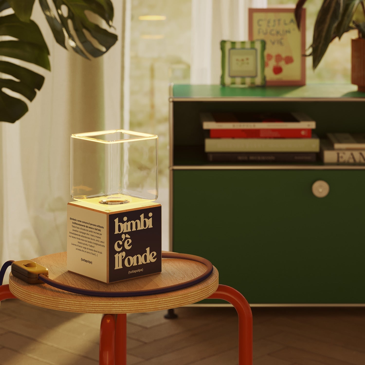 Cubetto table lamp with US plug, "Bimbi c’è l’onde" Ghost bulb - Tuttapolpa