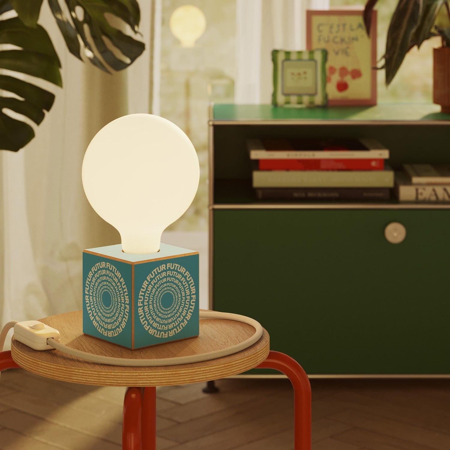 Cubetto table lamp with US plug, "Futur" porcelain effect globe bulb - Futur festival