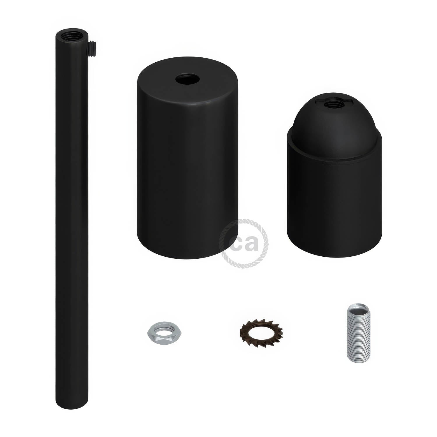 Cylindrical metal UL E26 light bulb socket kit with 15 cm cable clamp - Black