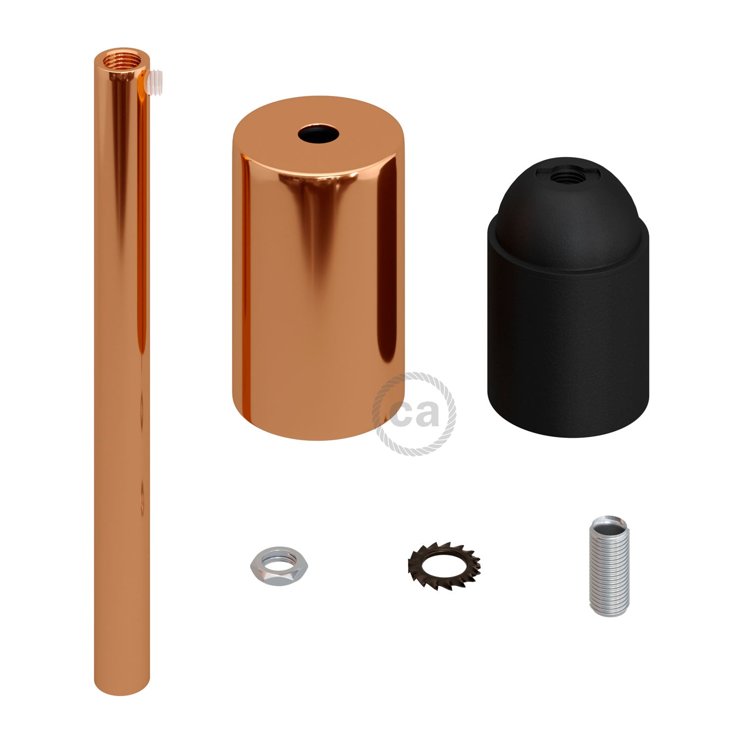 Cylindrical metal UL E26 light bulb socket kit with 15 cm cable clamp - Copper