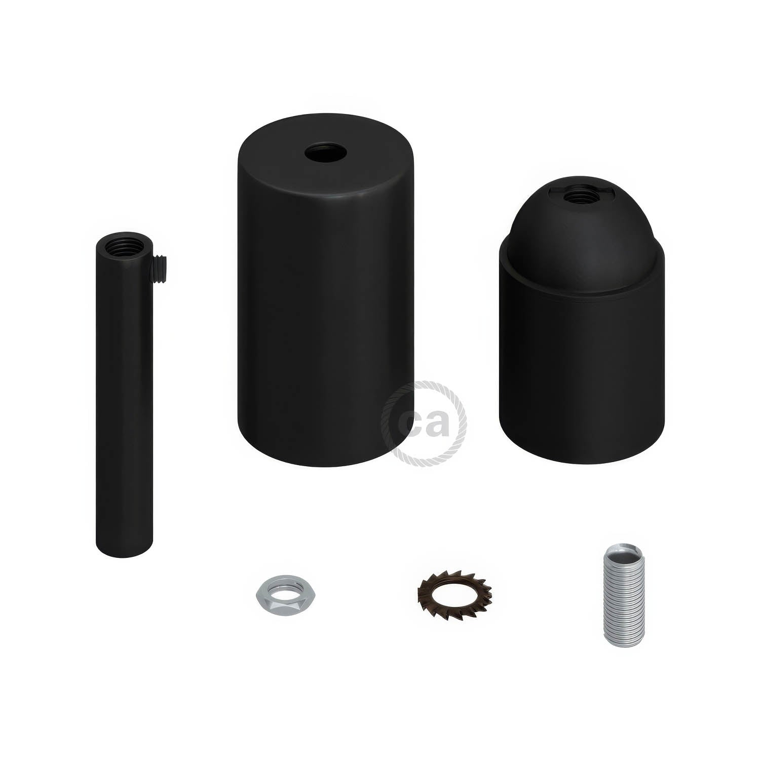 Cylindrical metal UL E26 light bulb socket kit with 7 cm cable clamp - Black