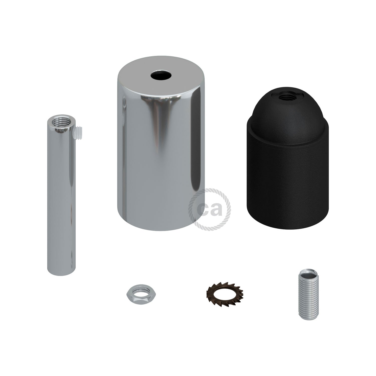 Cylindrical metal UL E26 light bulb socket kit with 7 cm cable clamp - Chrome