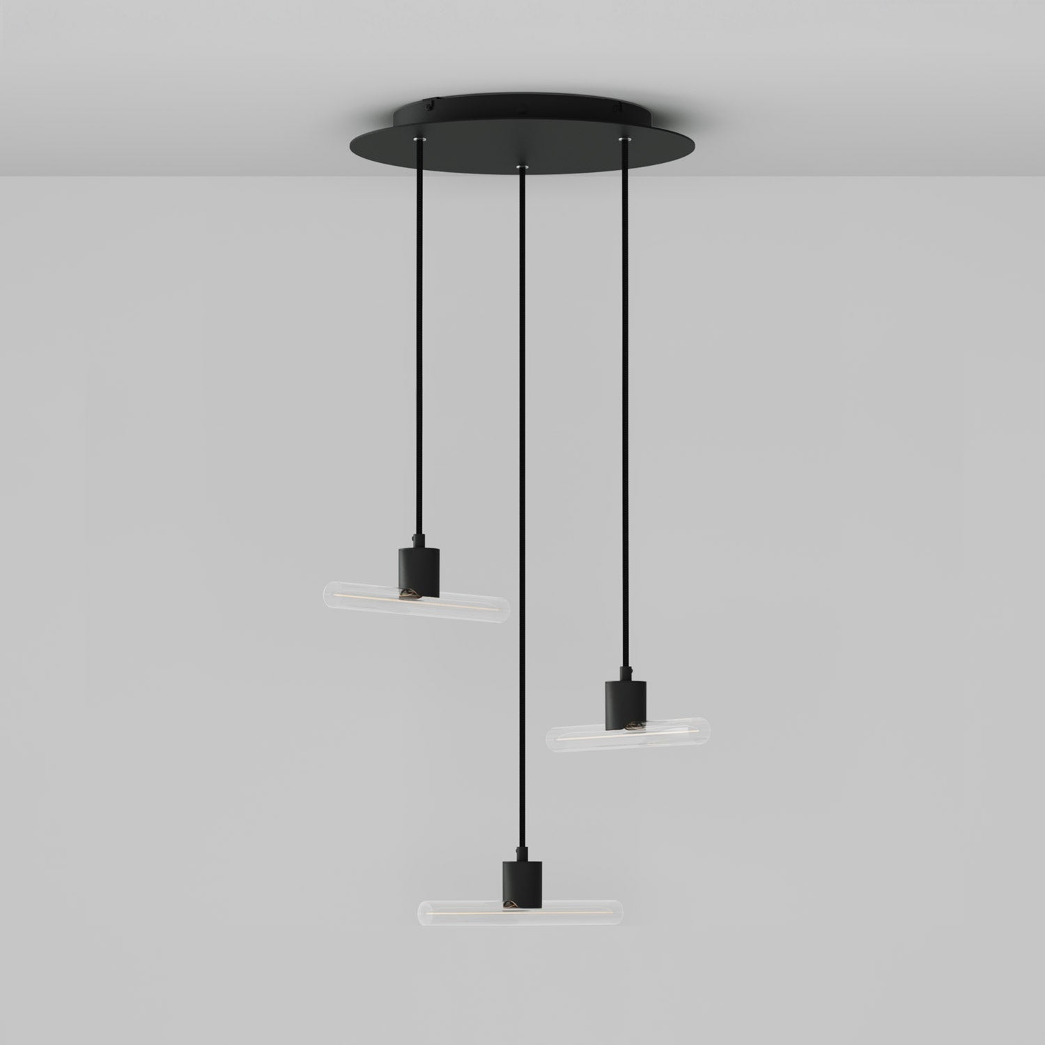 Esse14 3-Drop Asymmetrical Pendant Light with Rose-One, complete with fabric cord and metal finishes - Black