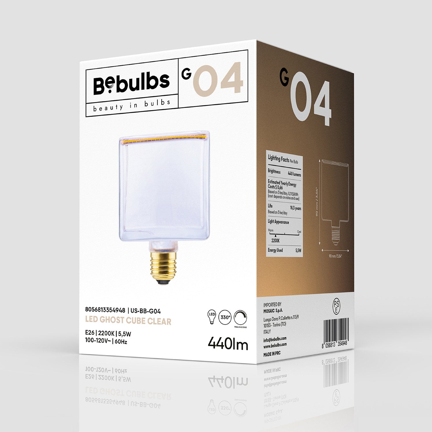LED Clear Light Bulb Ghost Line CRI 90 Cube 5,5W 440Lm E26 120V 2200K Dimmable - G04