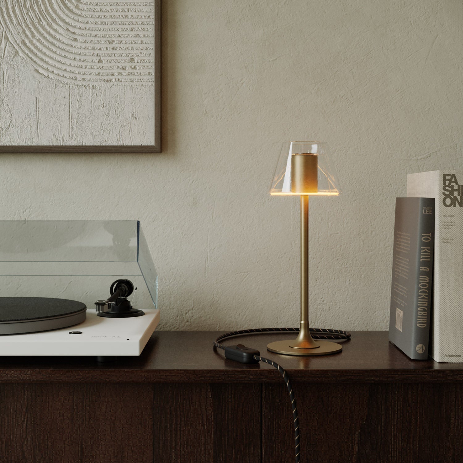 MAG-Y table lamp with round metal base and transparent Ghost Mini Cone bulb - Brushed bronze