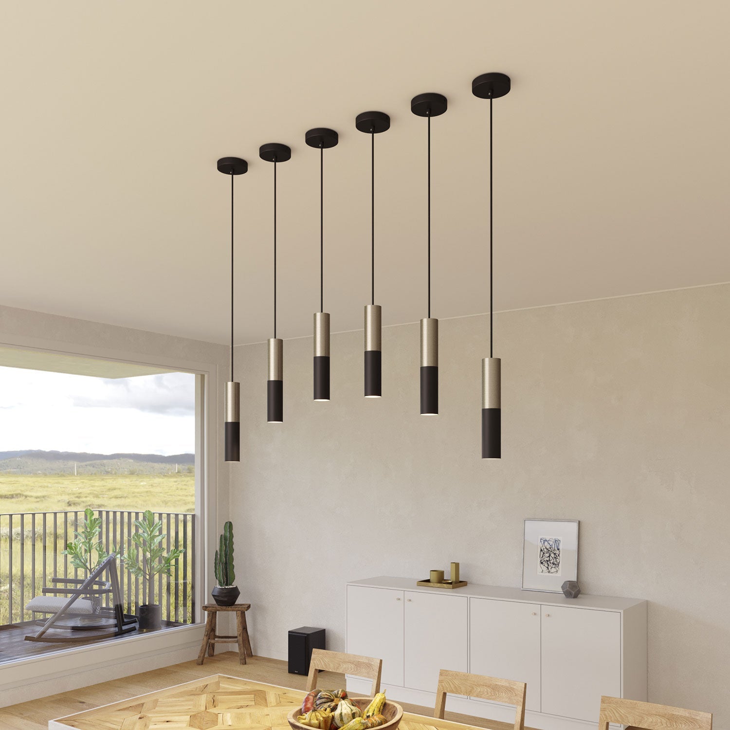 Pendant lamp complete with fabric cable and Tub-E12 double lampshade - Black and Brushed titanium