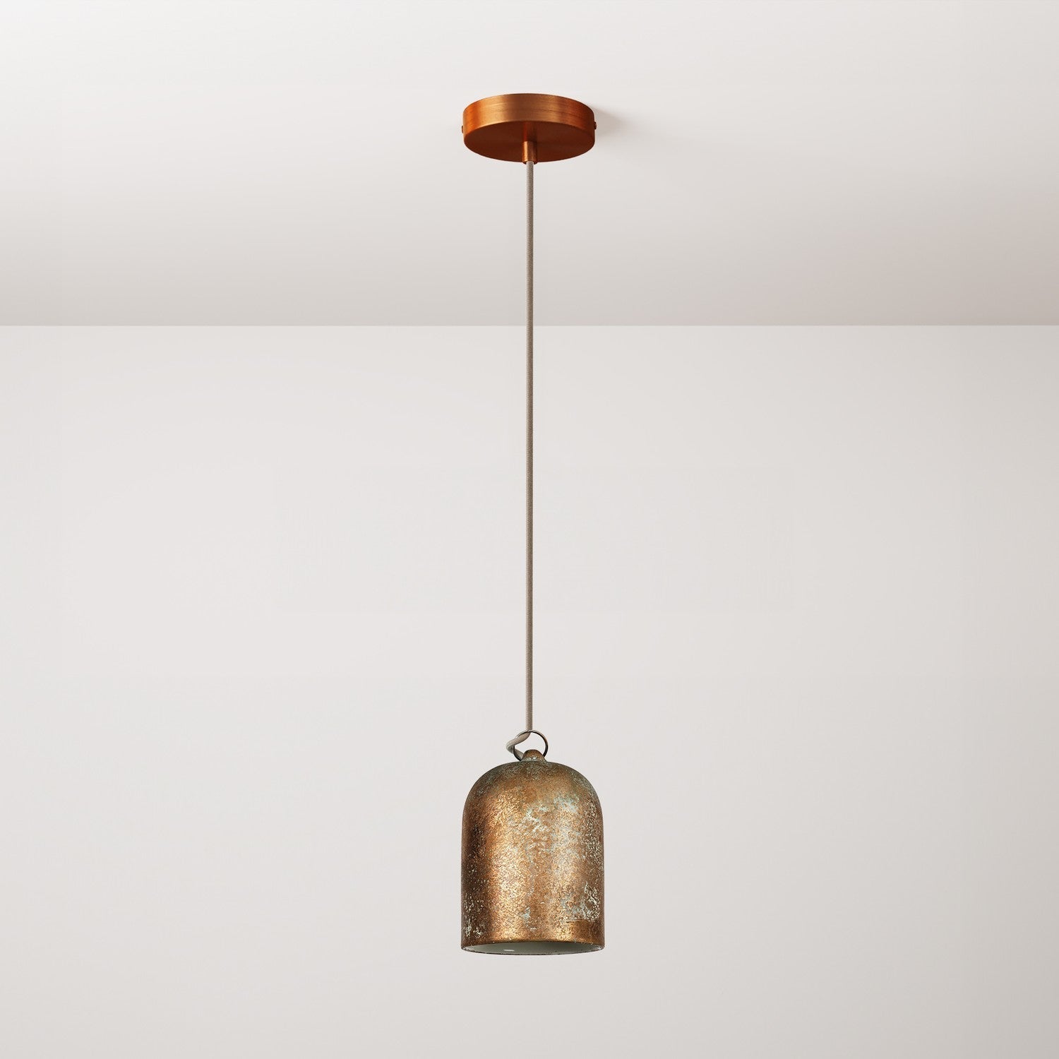 Pendant lamp with textile cable and lampshade Mini Bell XS ceramic shade - Copper green effect - Creative Cables