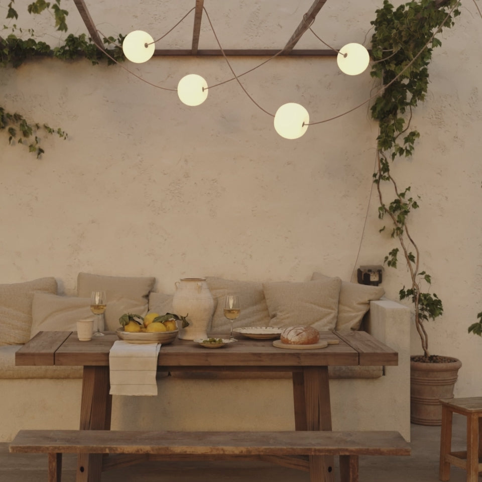 Load video: Outdoor 4-Light String Light for wet locations Gray, Power supply with US plug - Marina4 Cherry