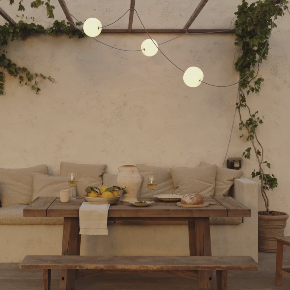 Load video: Outdoor 3-Light String Light for wet locations Desert Brown, Power supply with US plug - Marina3 Cherry