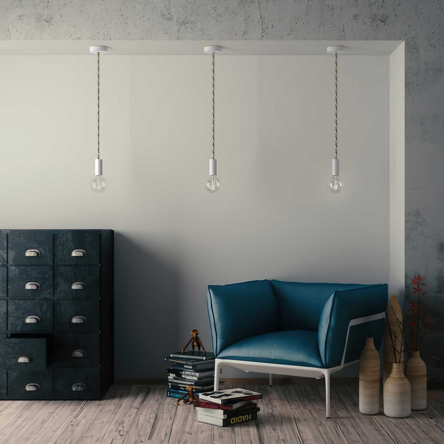 Rope electrical wire 18/3 AWG wire inside. Natural linen, cotton fabric and jute covering Country