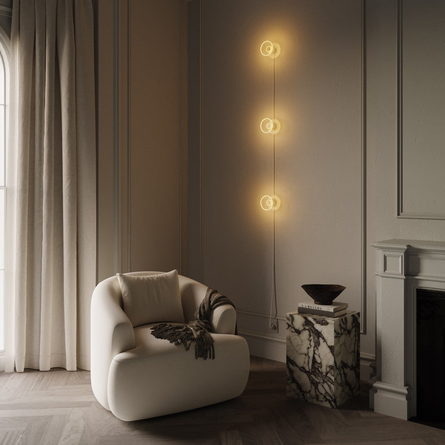 Spostaluce wall lamp with plug, 3 Ghost bulbs and white cable
